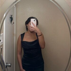 Meshki Lacey Backless Satin Maxi Dress (black, size small)